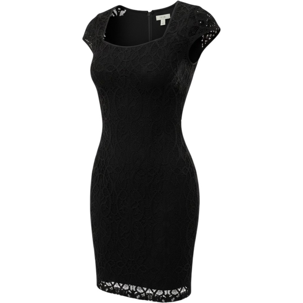 Cache Lace Sheath Dress Size 10 Black Cap Sleeve Square Neck LBD